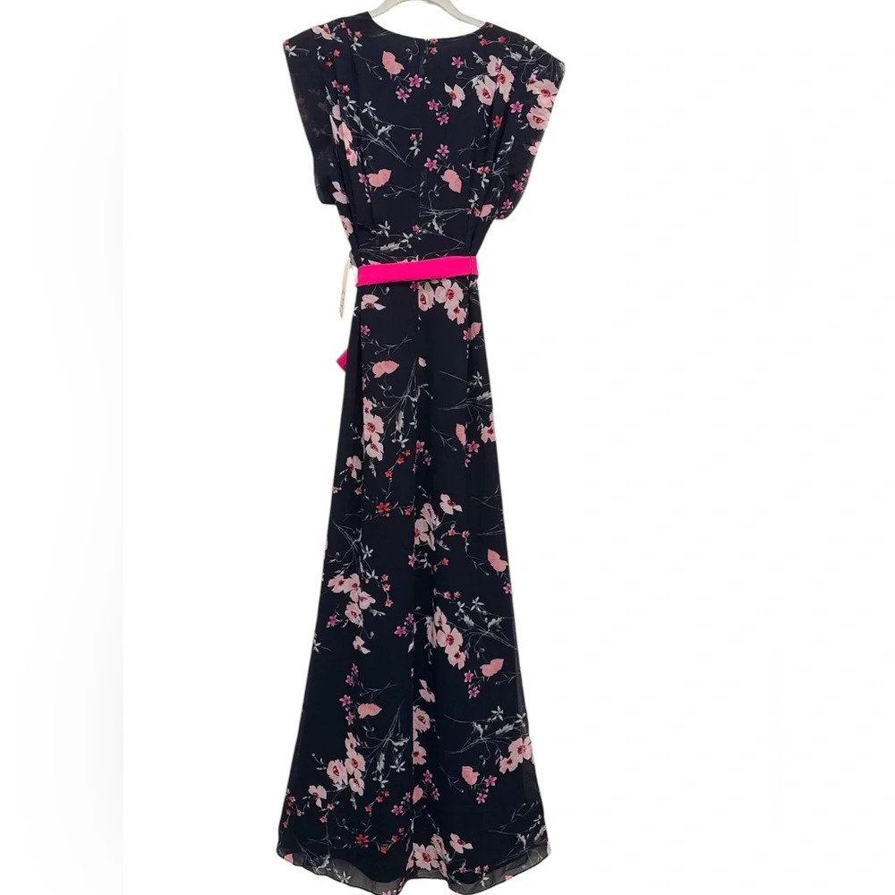 Eliza J NWT Navy and Pink Floral High-Low Maxi Dress with pink sash size 6 - Picture 11 of 14